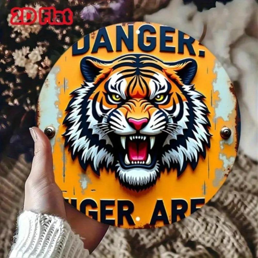 Vintage Tiger Metallschild Flach 2D Aluminium Wandkunst Brüllende Tierwelt Gefahrenwarnung Dekoration