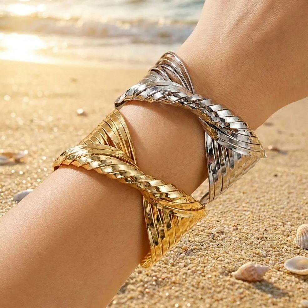 Vintage Chunky Wide Cuff Bracelet for Women Statement Gold Color Smooth Twisted Geometric Open Bangle Party Fashion Jewelry Gift