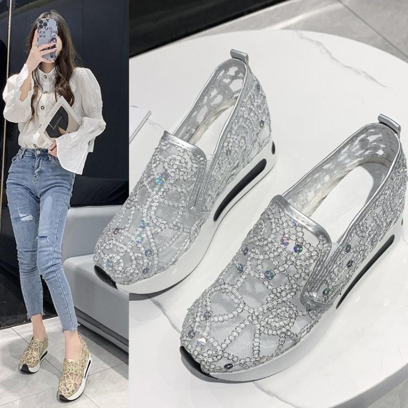 Women's fashion flat bottom inner height increase mesh yarn breathable casual single shoes support platform one piece