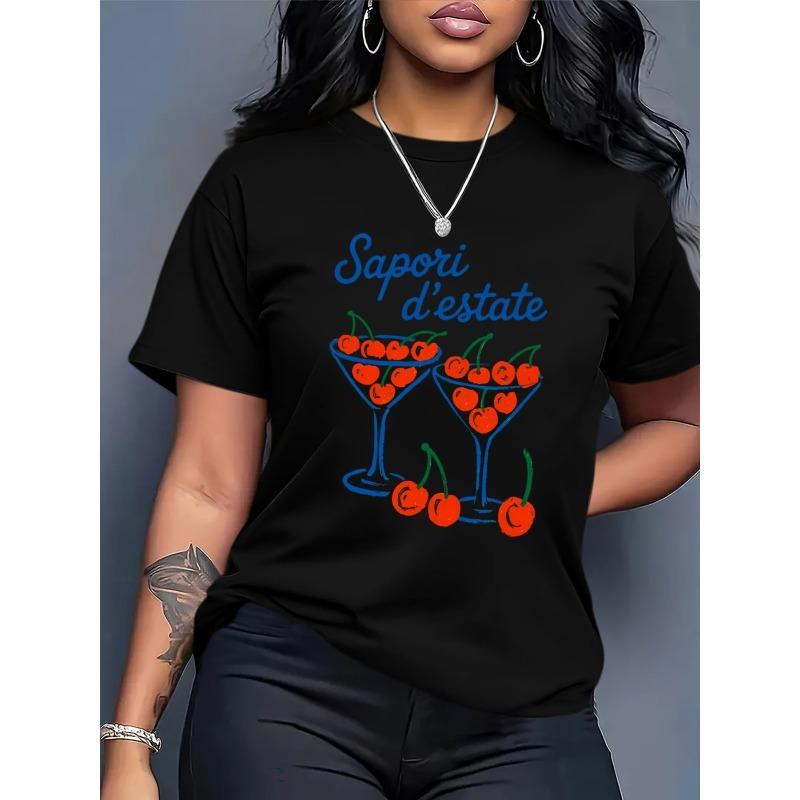 

Women s T-Shirt with Cherry & Italian Summer Graphic Print - Short Sleeve Round Neck Loose Fit Top, Breathable Fabric for Spring Summer Outfits 4XL чорний