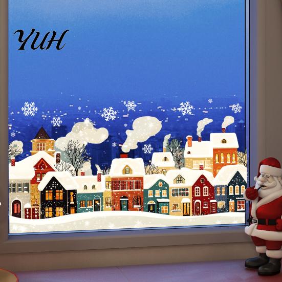 European Style Town Decals Christmas Static Window Clings, Snow Snowflake Decals, Festive Holiday Ornaments Winter Glass Stickers for Home Decor
