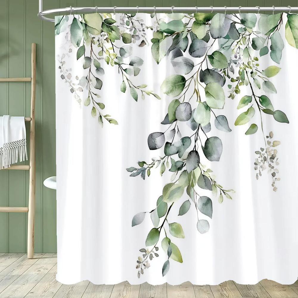 Green Leaf Shower Curtain, Plants and Eucalyptus Leaves Bathroom Decor, Waterproof Polyester Shower Curtain, Home Decor Curtain