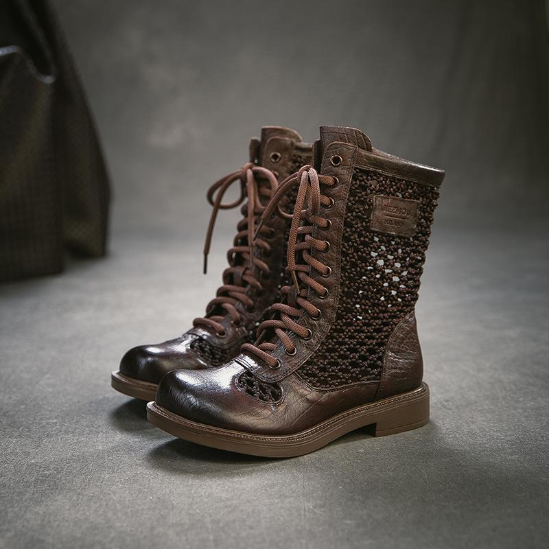 Johnature Retro Genuine Leather Hollow-out Breathable Summer Mid-calf Boots Versatile Fashion Women's Shoes