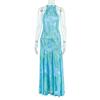 Women Halter Neck Sleeveless Printed Maxi Dress Elegant Evening Party Gown