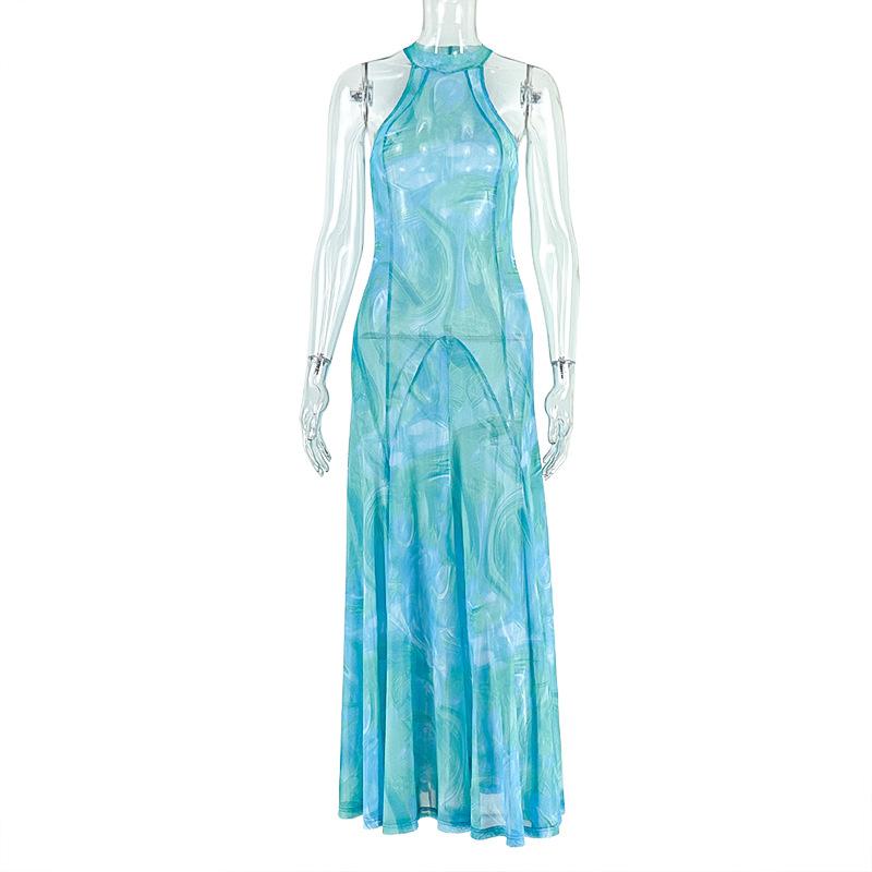 Women Halter Neck Sleeveless Printed Maxi Dress Elegant Evening Party Gown S
