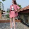 Dopamine Pink Casual Denim Short-Sleeve Jacket & Shorts Set