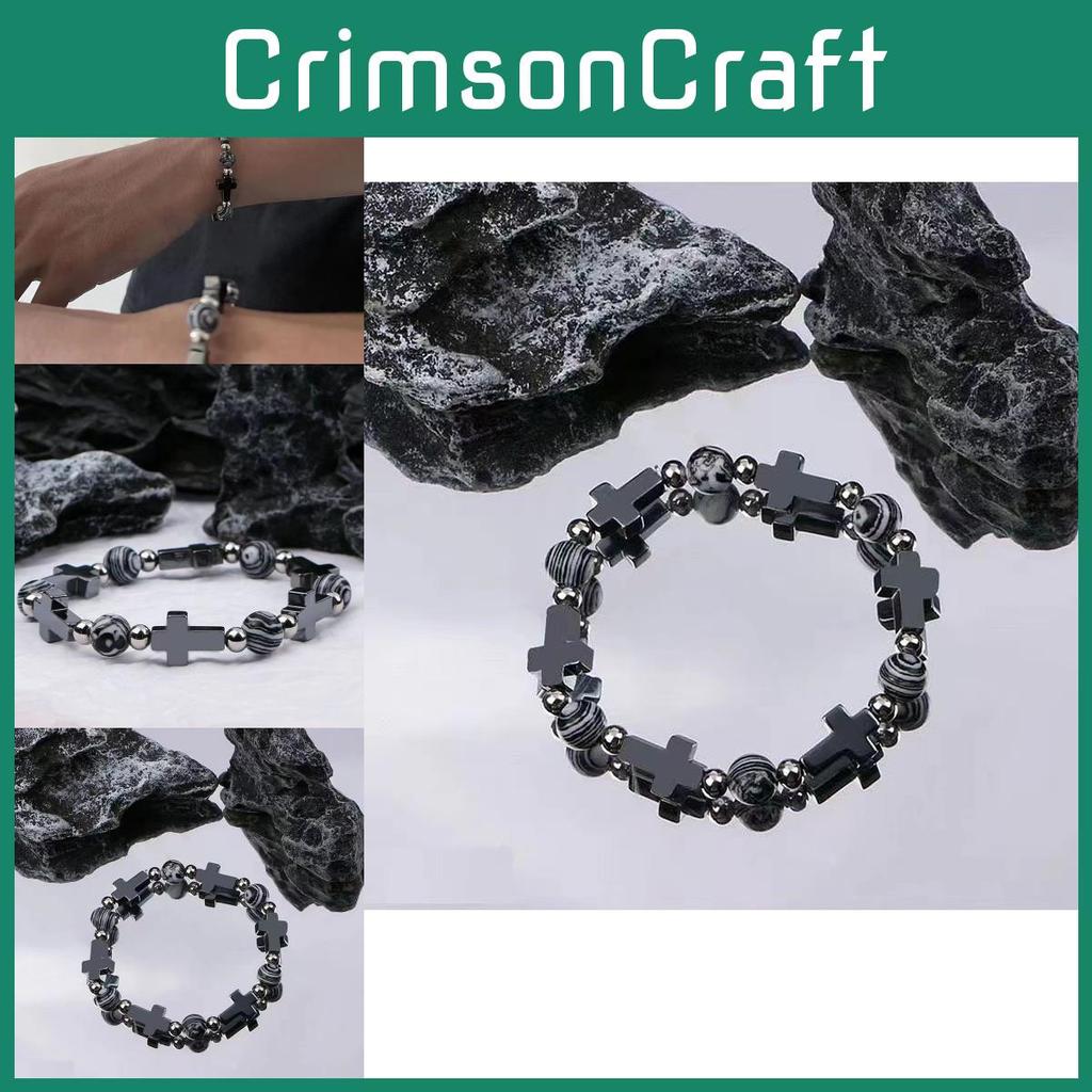 Natural Stone Cross Black Beaded Bracelet For Couples Minimalist Cold Wind Style