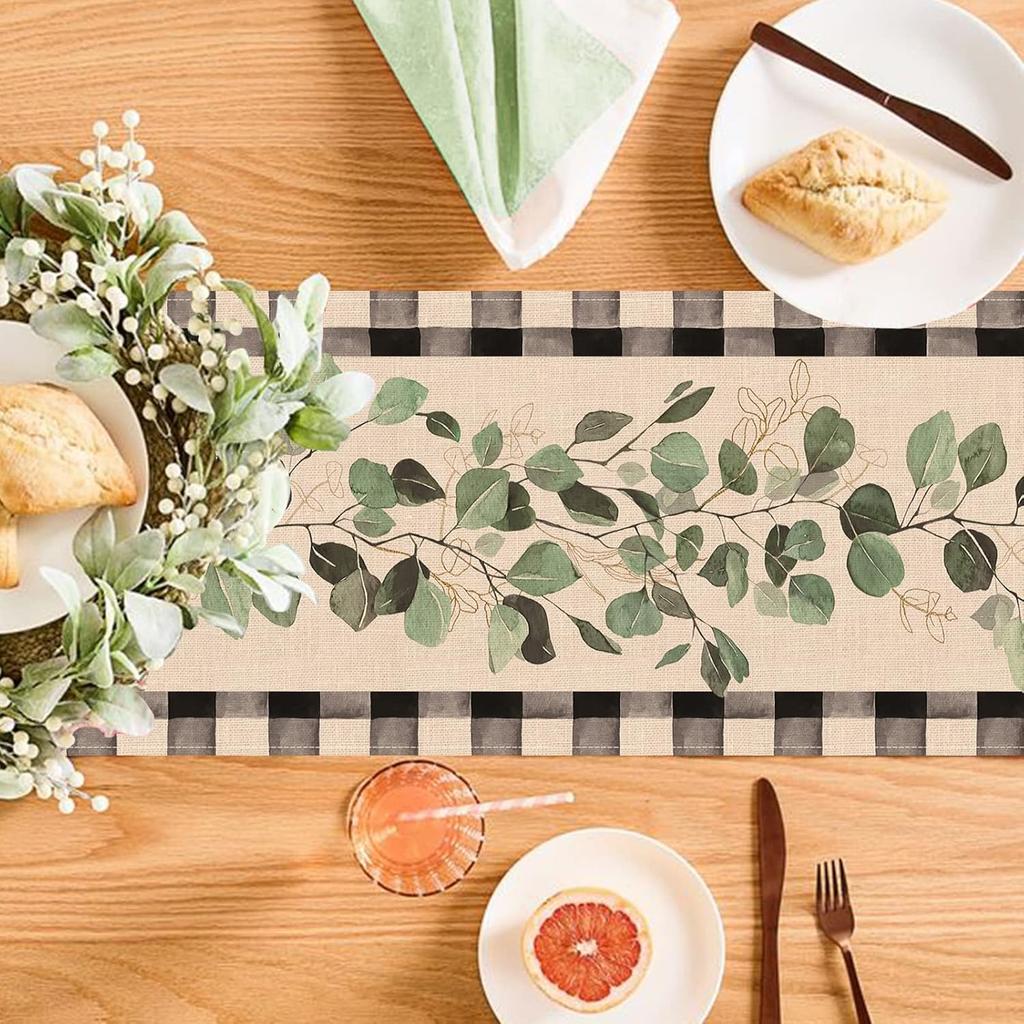 Seliem Spring Eucalyptus Leaves Greenery Table Runner, Black White Buffalo Plaid Check Kitchen Dining Table Decor, Green Plants Botanical Summer