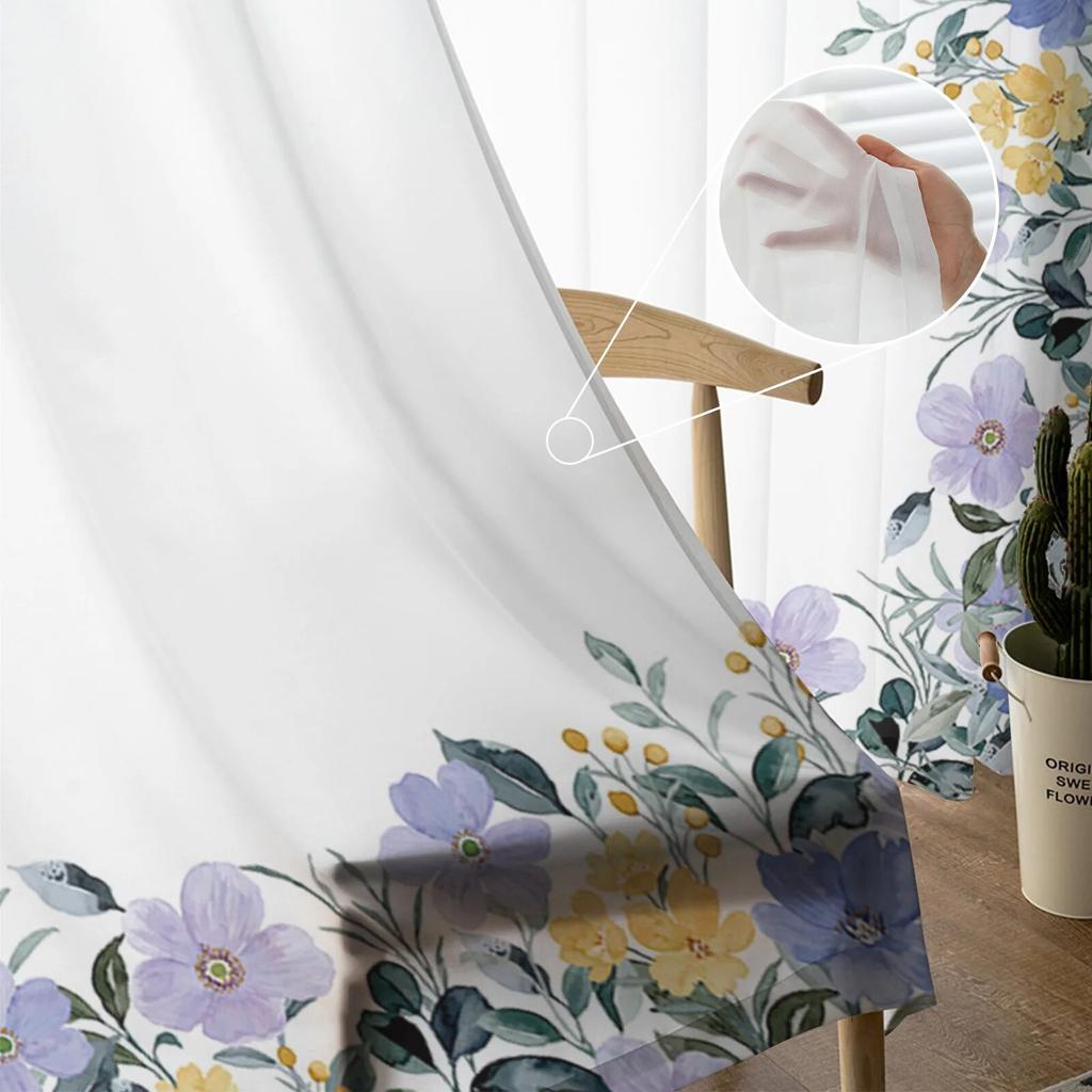 Summer Purple Flowers Watercolor Sheer Window Curtains For Living Room Kitchen Children Bedroom Voile Hanging Curtain
