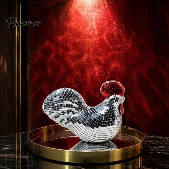 Eye Catching Desk Accessories Disco Ball Rooster Figurine, Mirror Mosaic Tabletop Ornament, Unique Retro Art Decorative Style Statue Sculpture