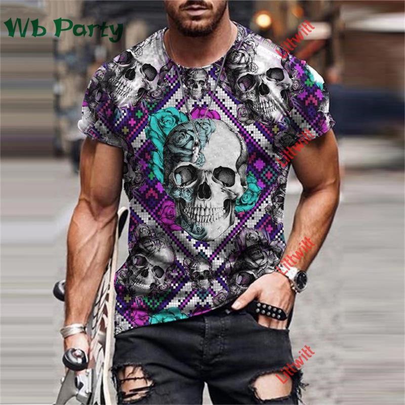 

Personality 3D Skull Print Men s T-shirt Vintage O-Neck Short Sleeve Tee Harajuku Street Oversized S