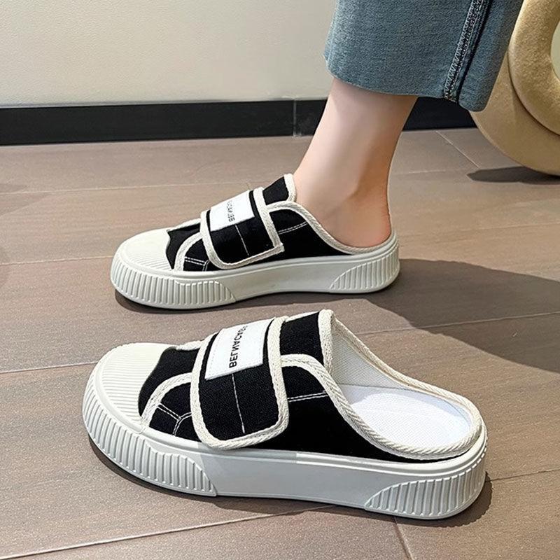 Canvas half slippers women's spring 2025 new thick-soled Velcro white shoes two wear one pedal casual board shoes