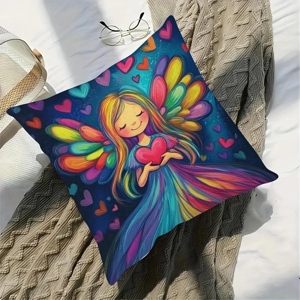Rainbow Wings Angel D Flat Printed Peach Skin Pillowcase Cute Fairy Heart Cushion Cover for Kids Room Sofa Bedroom Home Decor 40cmx40cm