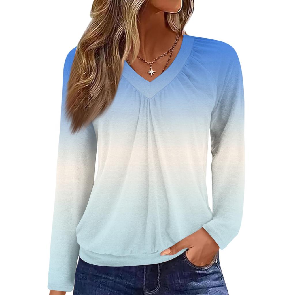 Women's Casual Fashion V-Neck Raglan Pleated Color Long Sleeve Top