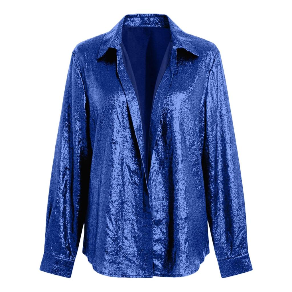 Women's Fashionable Color Lapel Long Sleeved Button Up Shirt Loose Top