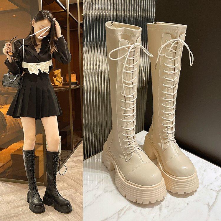 Platform Lace-up Boots Women's Autumn and Winter New Elastic Shows Skinny and Heightens Little Man Knee-Free Long Knight Boots