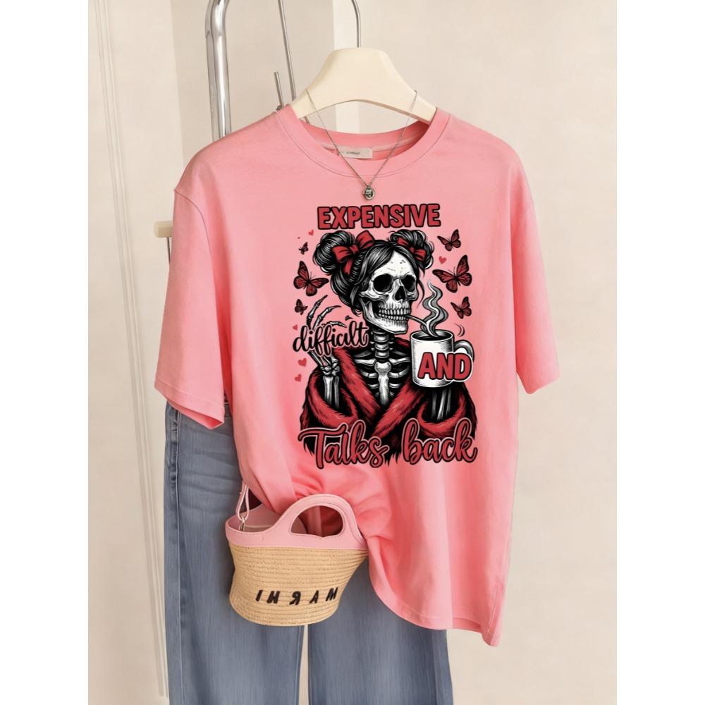 Expensive Talks Back Coffee Butterfly Skulls Print T Shirt Women Summer O-Neck T-Shirts Y2K Soft Short Sleeve Casual Top
