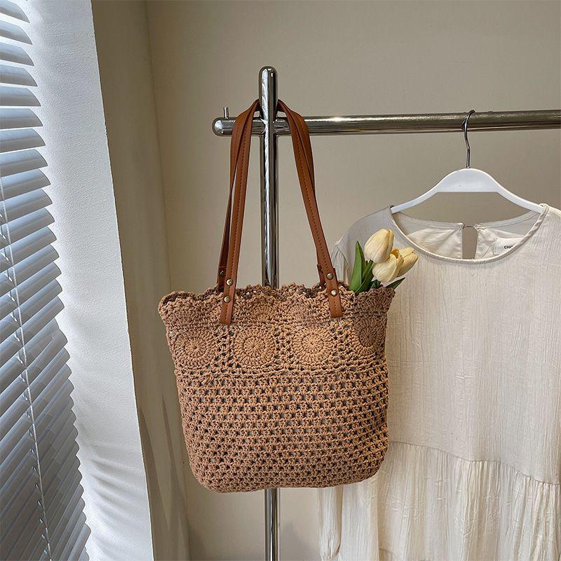 

Вязаная сумка-тоут большой вместимости Женская 2025 Лето Новинка Вязание крючком Хлопковая сумка-сетка Пляжная сумка на плечо Khaki