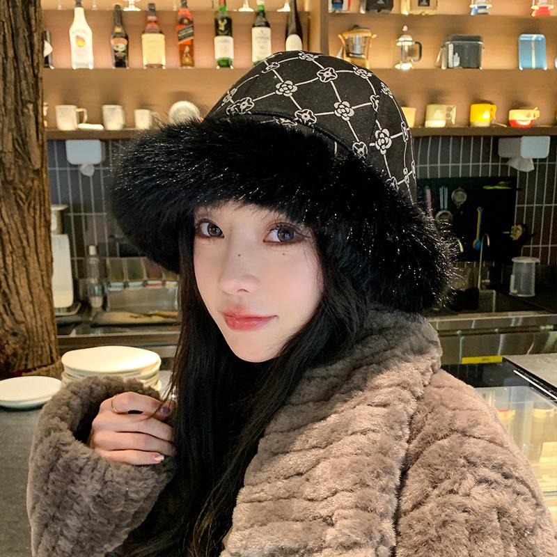 Women Fur Trimmed Bucket Hat Girls 90s Winter Warm Thicken Plush Fisherman Cap Basin Hats Fuzzy Faux Fur Hat