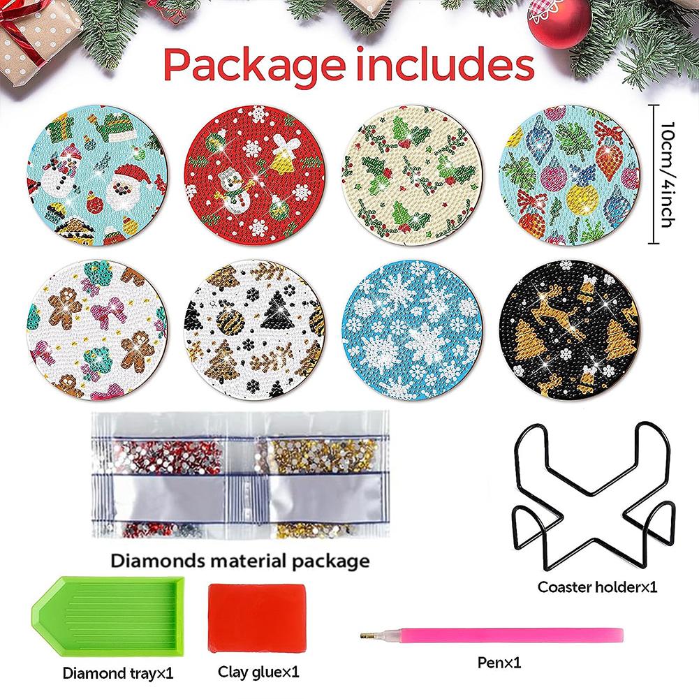 8 PCS Diamond Painting Coasters Kits Santa Acrylic Diamond Painting Art Coaster Kit Elk with Holder Diamond Painting DIY Coaster