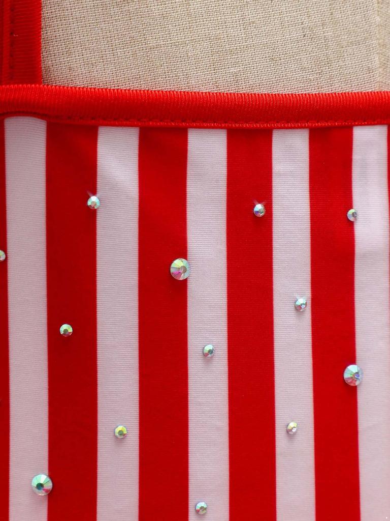 Girls Ringmaster Bodysuit Striped Jumpsuit Rhinestone Details Sleeveless Cutout Waist Mesh Ruffle Performance Costume