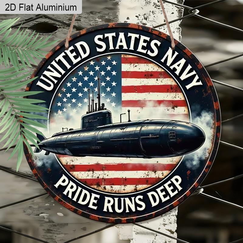 2D Flat AluminumVintage US Navy Submarine Round Metal Sign, Inspirational Spiritual Patriotic Americana Rustic Wall Decor, Pre-Drilled Holes for Easy