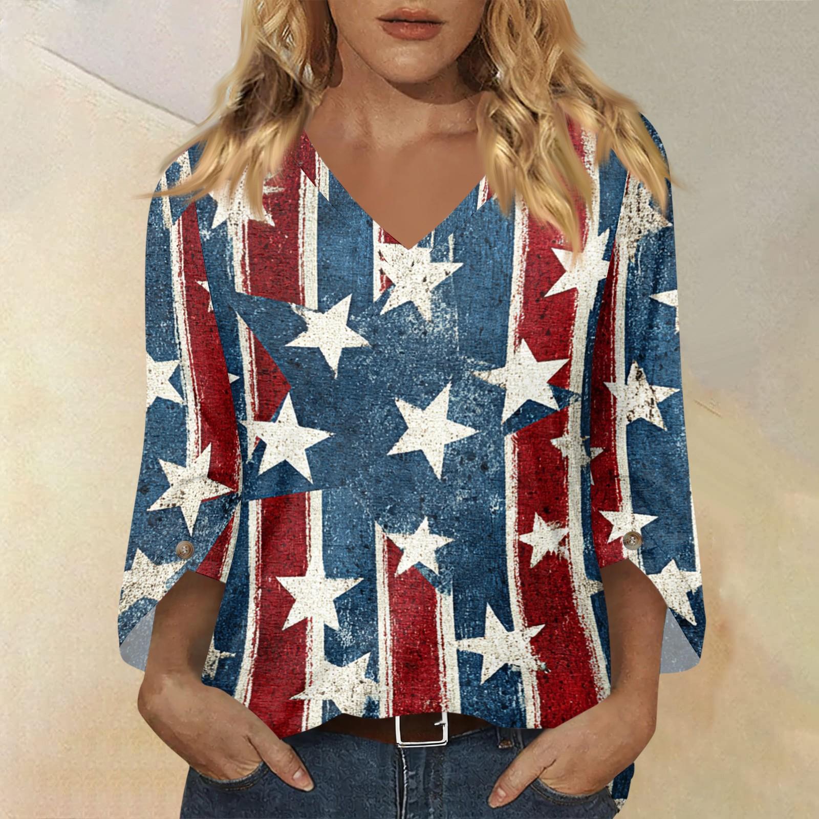 

Women’s V Neck 3/4 Sleeve Casual Loose Fit Top with Star and Stripe Print Lightweight Comfortable Material Blouse Shirt M тёмно-синий