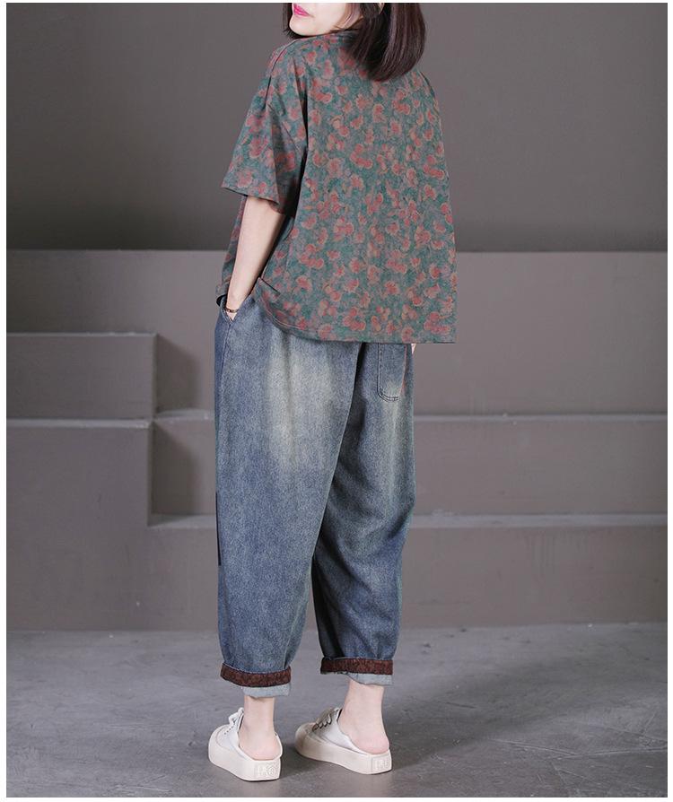 2024 Summer Plus Size Women's Retro Floral Cotton T-Shirt with Pocket