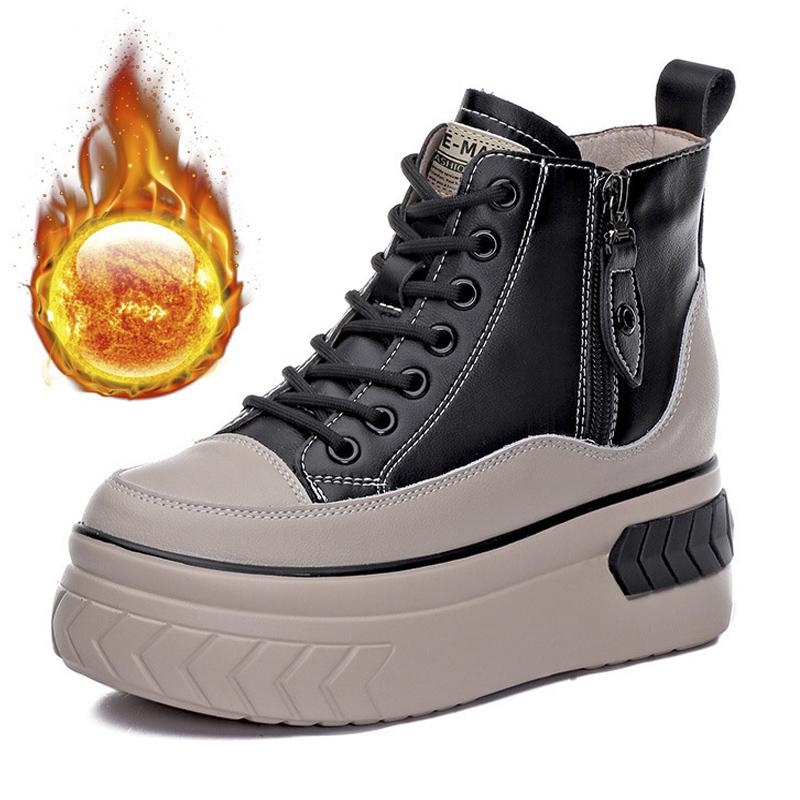 Genuine Leather Winter Shoes Women Snow Boots Flat Non-slip Warm Plush Ladies Ankle Boots Thick Sole Height Increasing 8cm