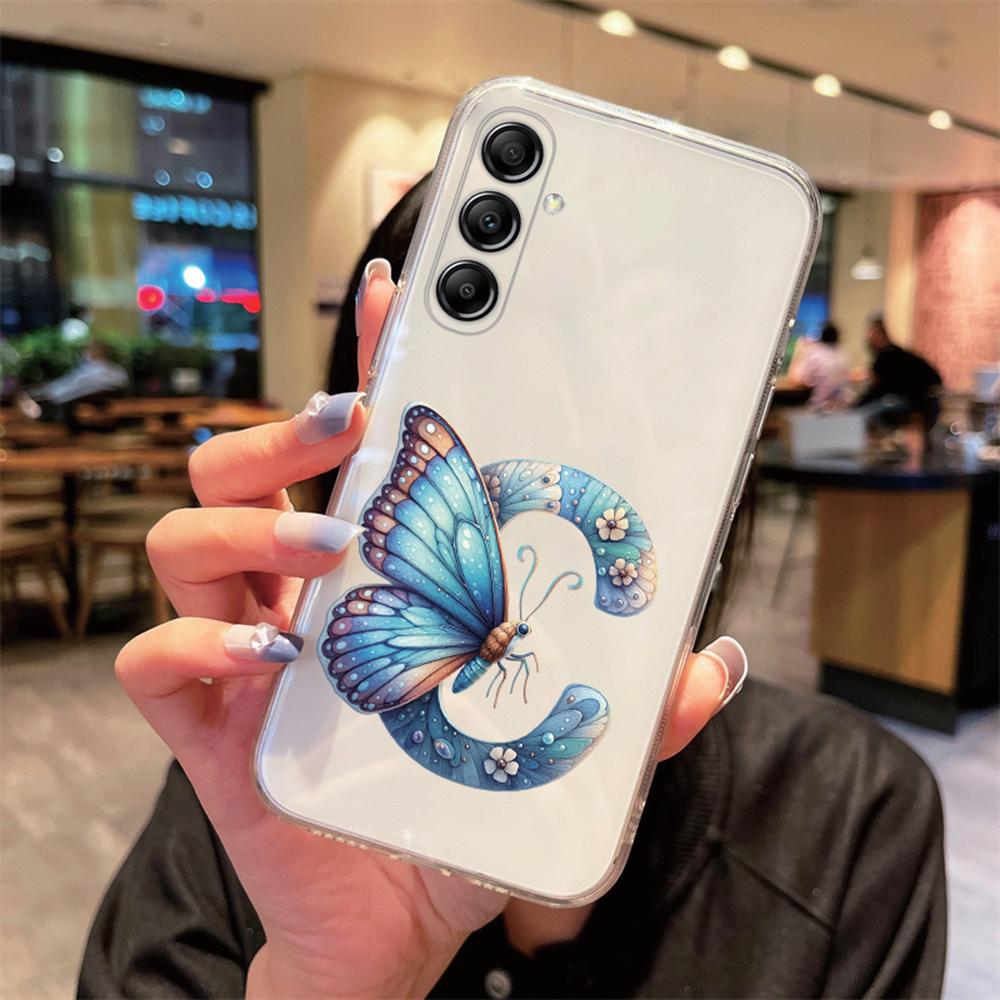 For Samsung Galaxy A54 A14 A34 A24 Blue Butterfly Flower Letters A-Z Couple Phone Case Transparent Clear Silicone Bumper Cover