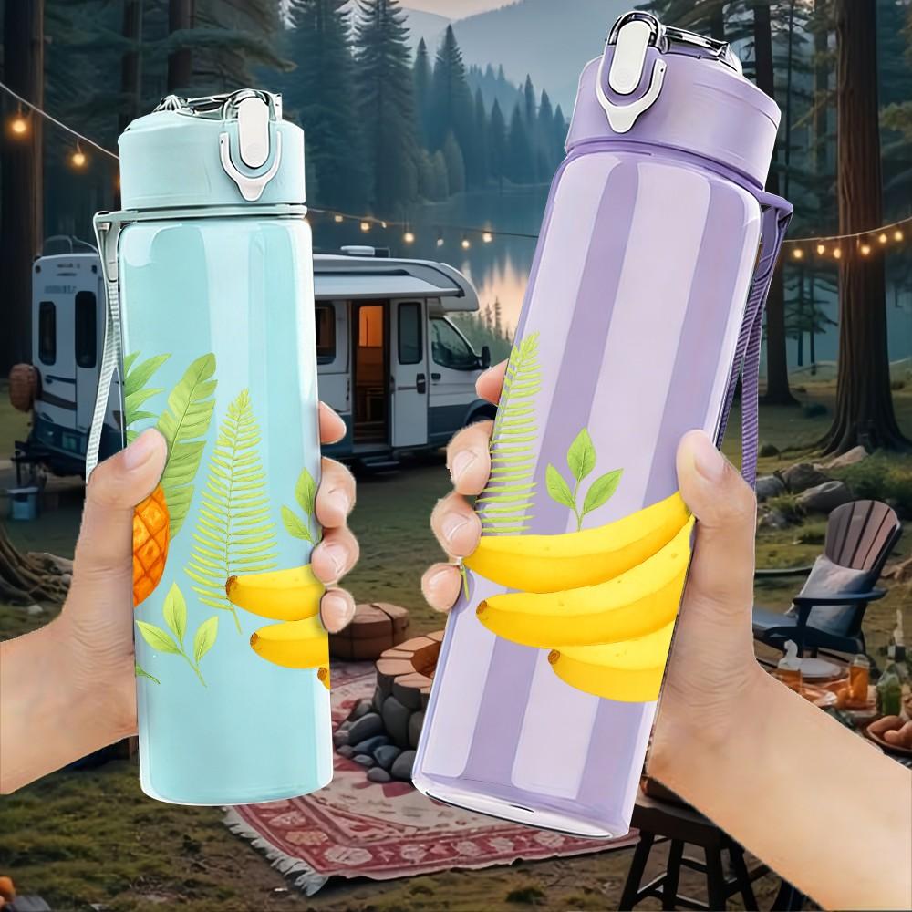 1PC Pineapple Banana Tropical Fruit Print 750ml Color Plastic Sports Water Bottle Leakproof Flip Straw Lid Suitable for Sports Office Home Use