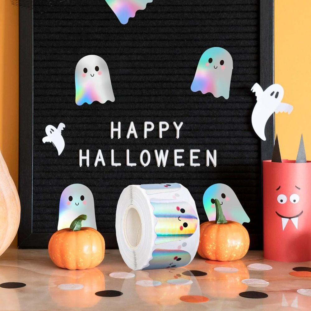 500 Stück/Rolle Sonnenblumen Halloween Aufkleber Schneemann Dekoratives Papier Geister Aufkleber Lasertyp Wasserdicht Reflektierende Etiketten Decals