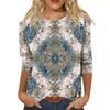 Trendy Vintage 3/4-ermet topp for kvinner, dame casual trekvart erme rund hals trykt t-skjorte bluse