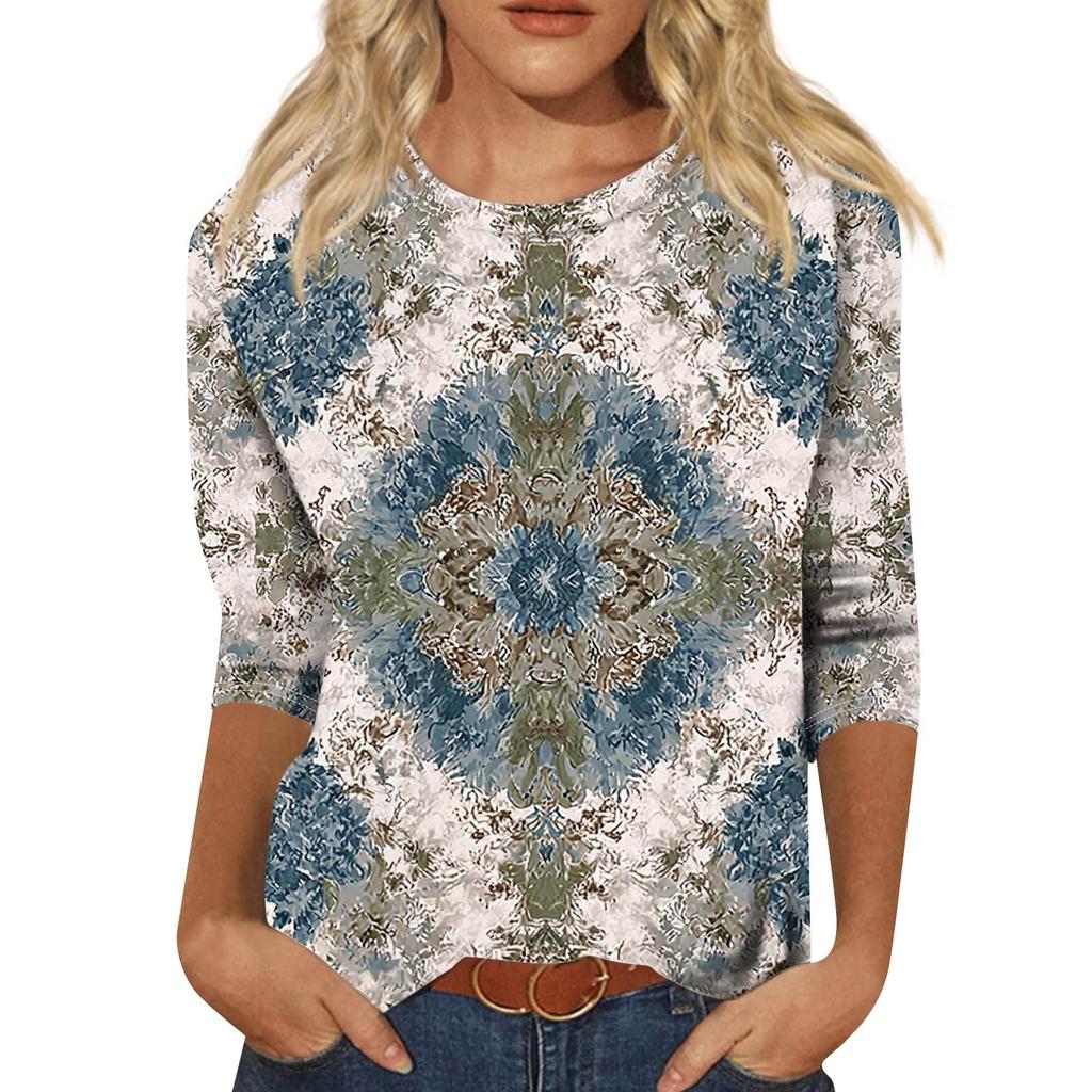 Trendy Vintage 3/4-ermet topp for kvinner, dame casual trekvart erme rund hals trykt t-skjorte bluse