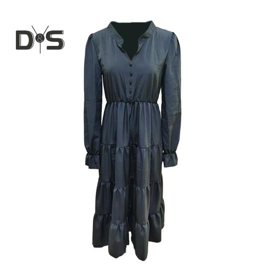 Spring Dress Pleated Patchwork Hem A-line Big Swing Midi Dress V Neck Long Puff Sleeves Flowy Dress High Waist Solid Color Dress for Datings Prom