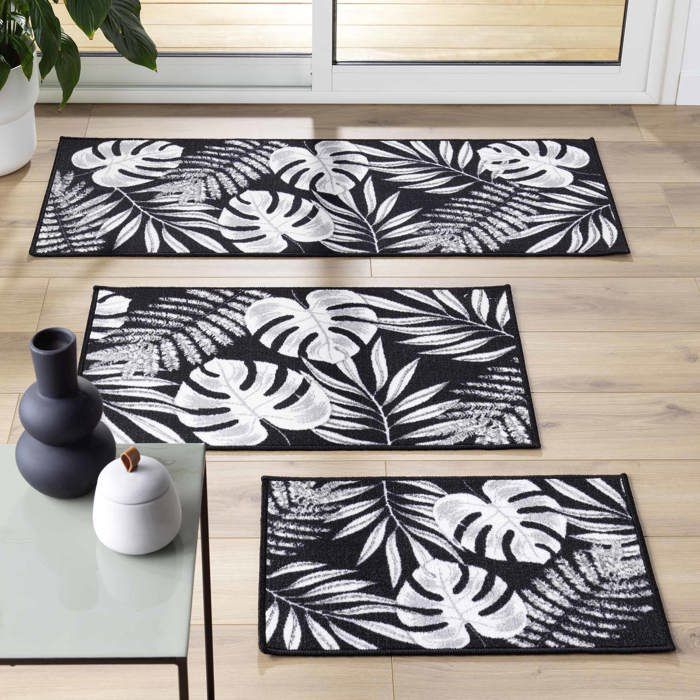 Tapis décoratif - EDEN - 40 x 60 cm - Feuillage tropical - Noir et blanc - Antidérapant