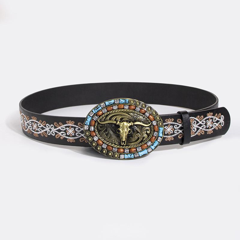 Vintage Turquoise Carved Sheep Head Embroidered Leather Belt For Fashion Enthusiasts