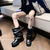 Fashion Pleated Buckle Knight Boots for Women Autumn Black PU Leather Mid Calf Boots Woman Slip-On Thick Heel Riding Botas Mujer 2025