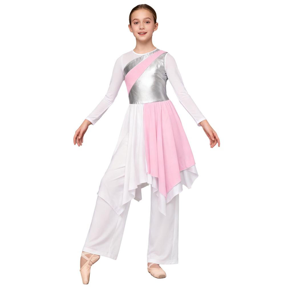 Girls Asymmetrical Hem Worship Dance Dress Elastic Waistband Pants Performance Set