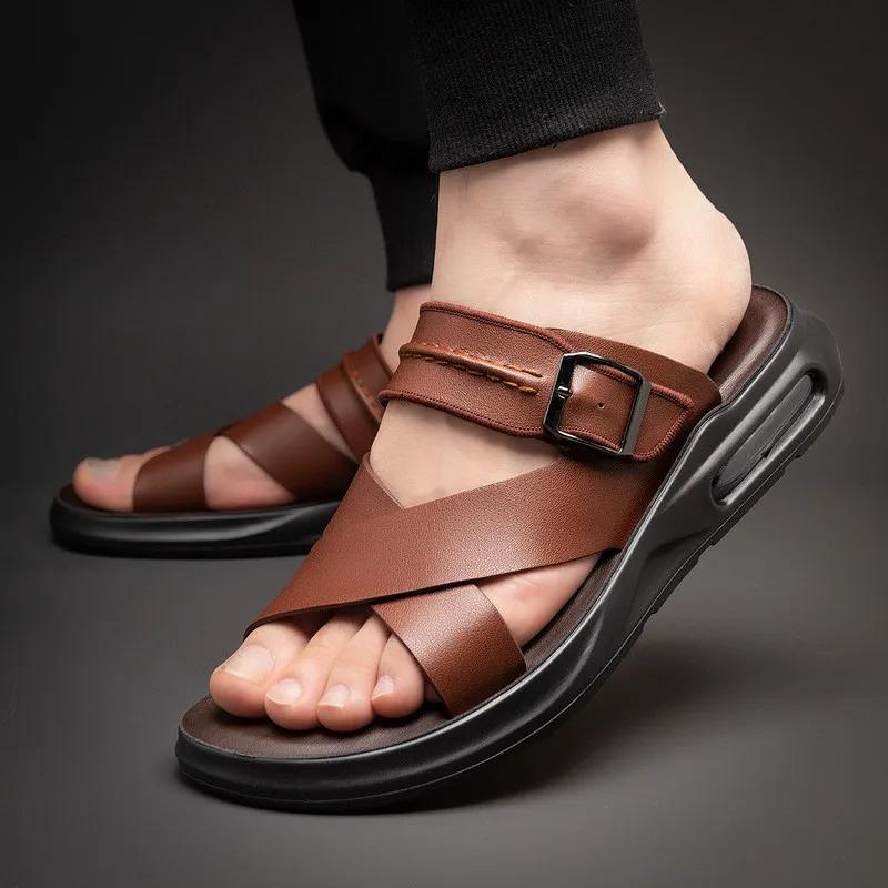 Fashion Men‘s Summer Cow Leather Sandals 2024 New Designer Leisure Sports Driving Outside Wear Beach Shoes Men's Air Cushion Slippers
