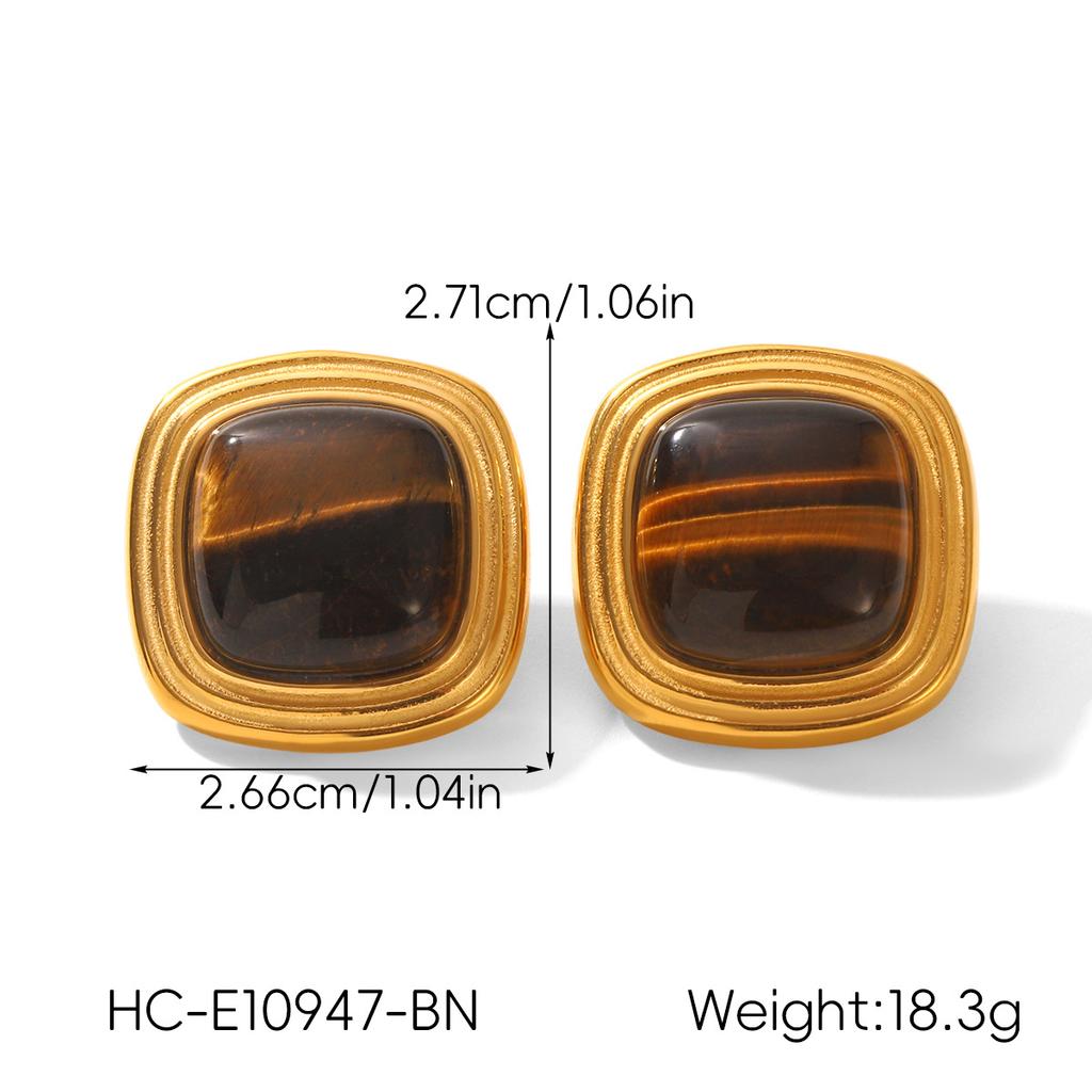 French Retro Tiger Eye Stone Stud Earrings, 18K Gold Turquoise Earrings, Non-fading Titanium Steel Ear Jewelry, Versatile