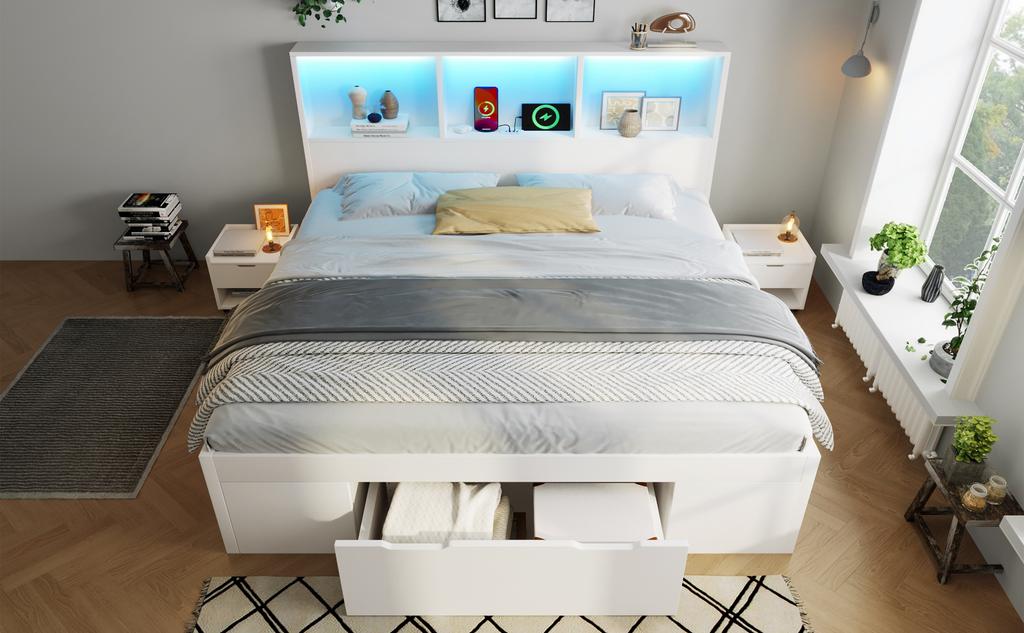 Bed 140x200 cm White with 2 Movable Nightstands, Wooden Bed with LED Lighting and USB Type-C Charging, Frame with Drawer and Shelves, without Mattress