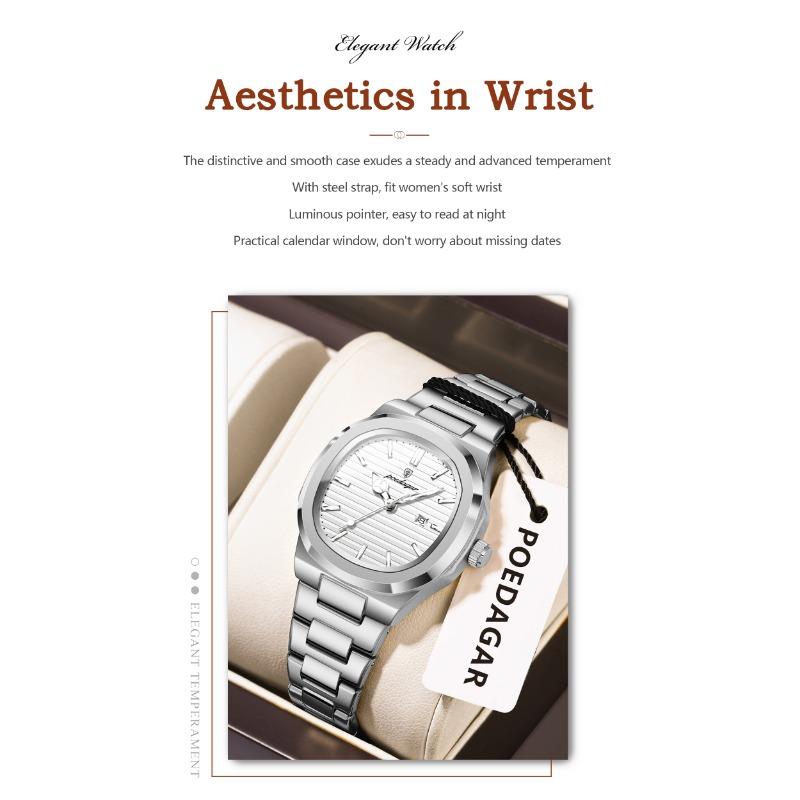 POEDAGAR Montre-bracelet Femme Exquise Étanche Lumineuse Date Mode Montres Dames Acier Inoxydable Montre à Quartz
