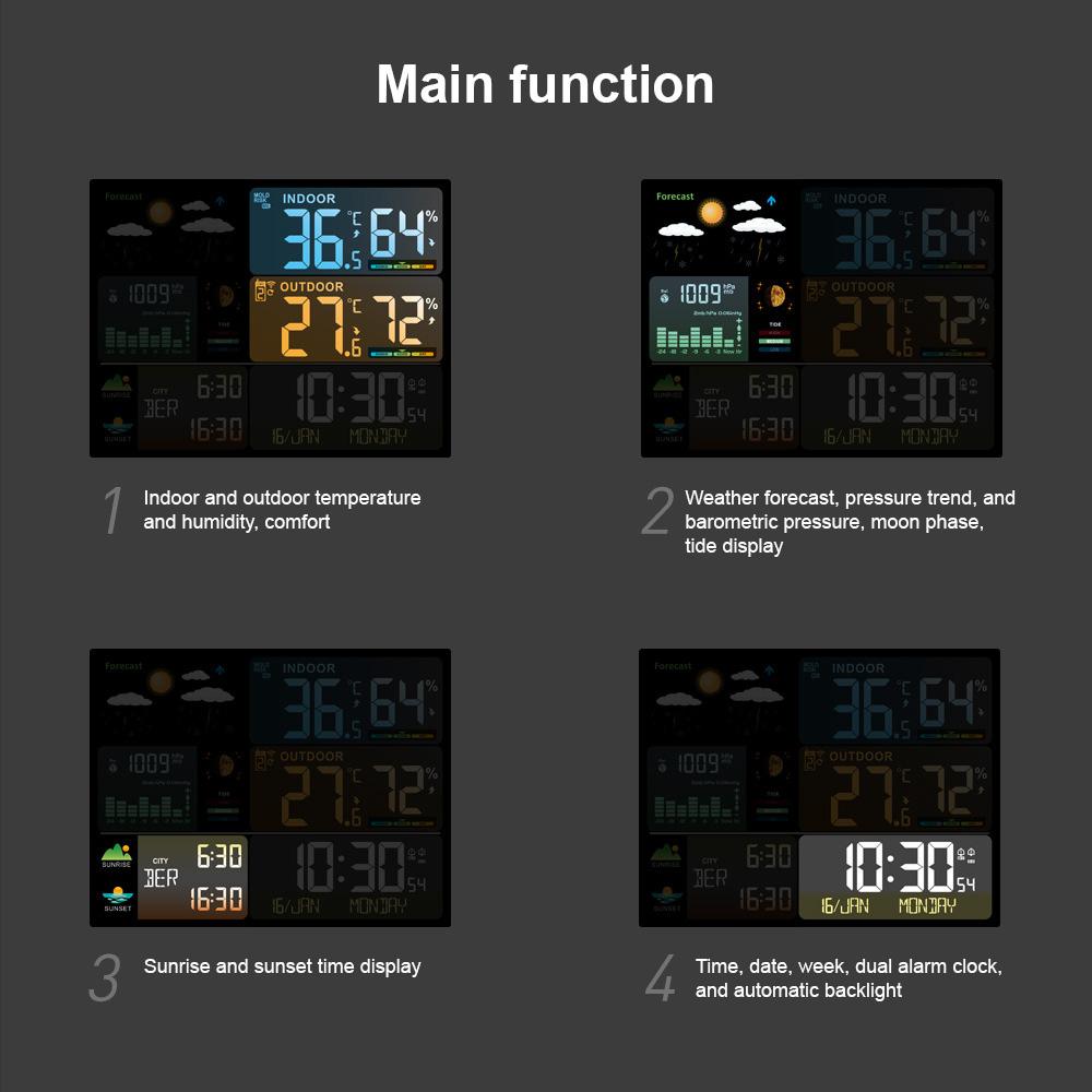 Stație meteo fără fir pentru interior, exterior, cu senzori, afișaj color, prognoză meteo digitală