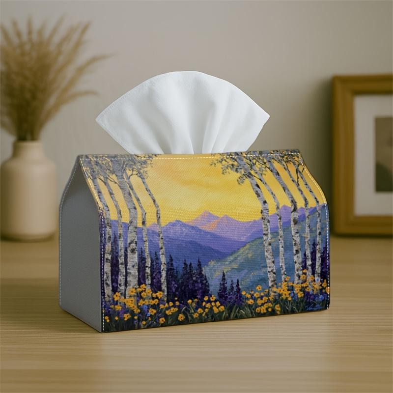1pc Nature Landscape Scenic Tissue Box-Birch Tree Purple Mountain,Durable Napkin Organizer for Car,Kitchen,Dining,Home Decor-Decorative Tabletop Party