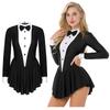 Womens Contrast Color Tuxedo Dress Bowknot Button Detail Long Sleeve Ruffle Hem Waitress Role Play Costume