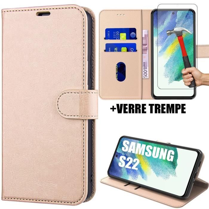 Coque de Protection - Booling - pour Samsung S22 - Doré - Effet Cuir - 2 Verres Trempés