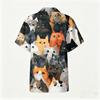 Herren Freizeit Hemd Kurzarm Leinen Baumwolle Mischung Button-Down Kragen Leichtes Sommer Top mit Katzenmuster Druck Entspannte Passform