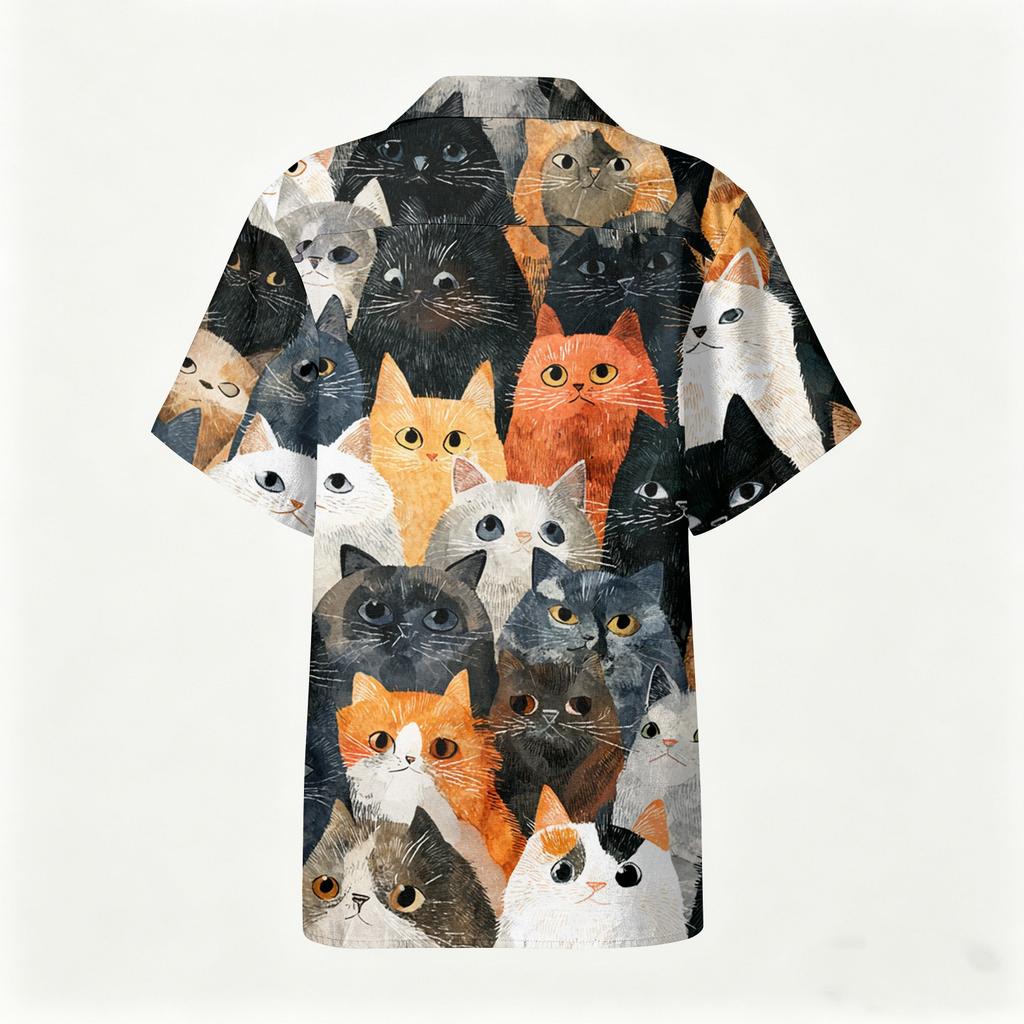 Herren Freizeit Hemd Kurzarm Leinen Baumwolle Mischung Button-Down Kragen Leichtes Sommer Top mit Katzenmuster Druck Entspannte Passform