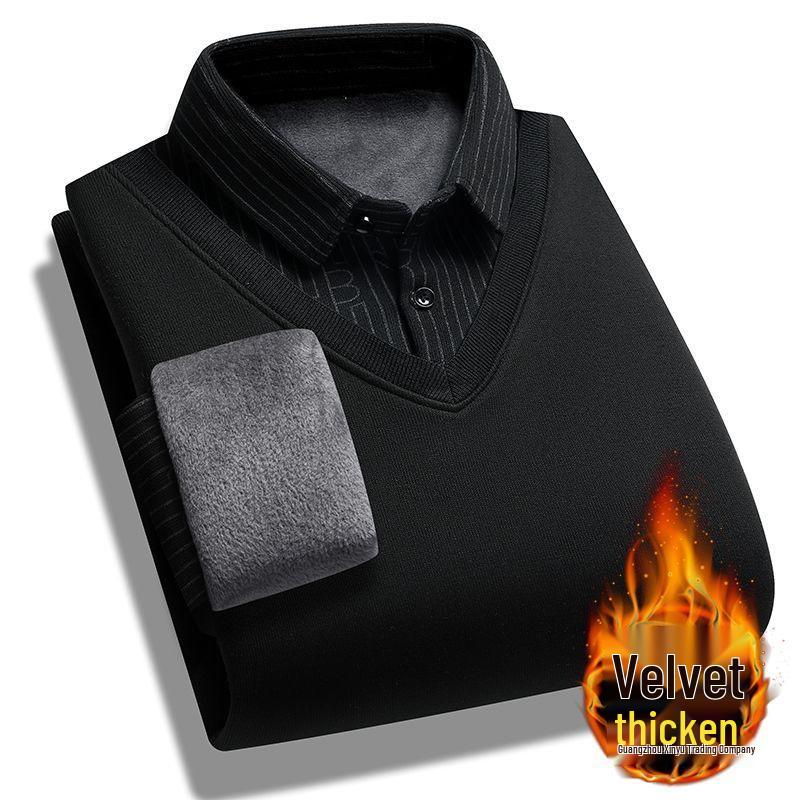 Pull d'hiver doublé polaire pour homme: Chaud Pull Deux-en-Un à Manches Longues pour l'Extérieur, Parfait pour les Pères d'Âge Moyen et les Personnes Âgées.